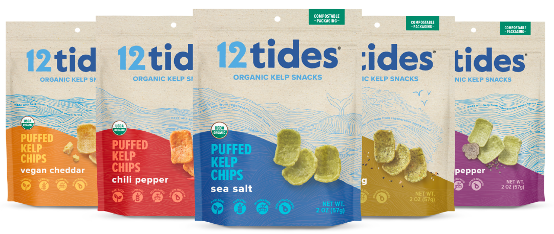 Variety pack of kelp chips from left to right: Vegan Cheddar, Chili pepper, sea salt, everything flavor, truffle and pepper