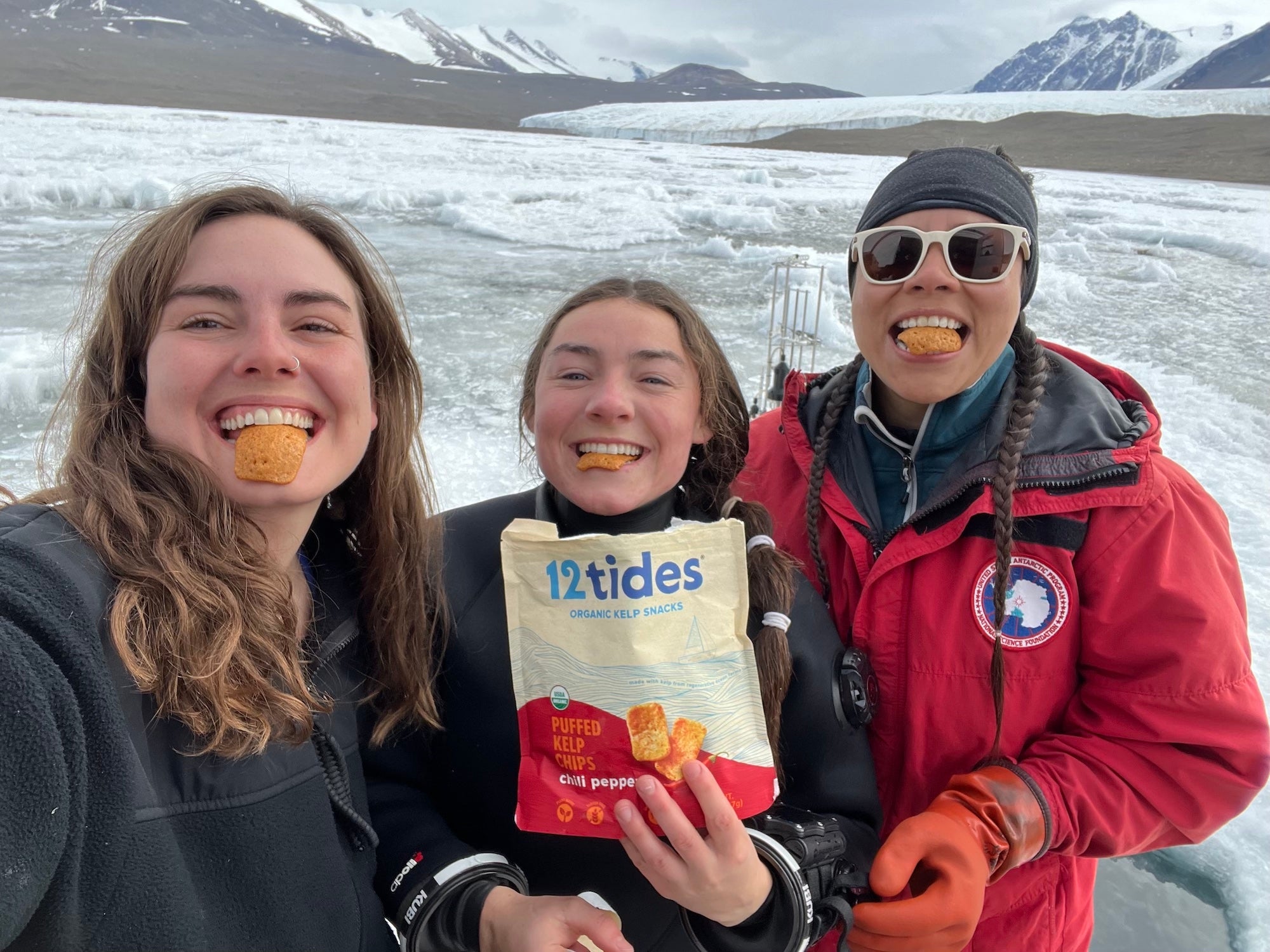 Our friends eating chili kelp chips in Antarctica!